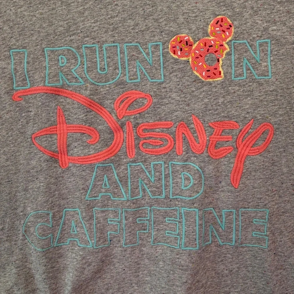 Disney Women Sweatshirt L Gray I Run On Disney An Caffeine Drop Shoulder Raw Hem - Picture 6 of 7